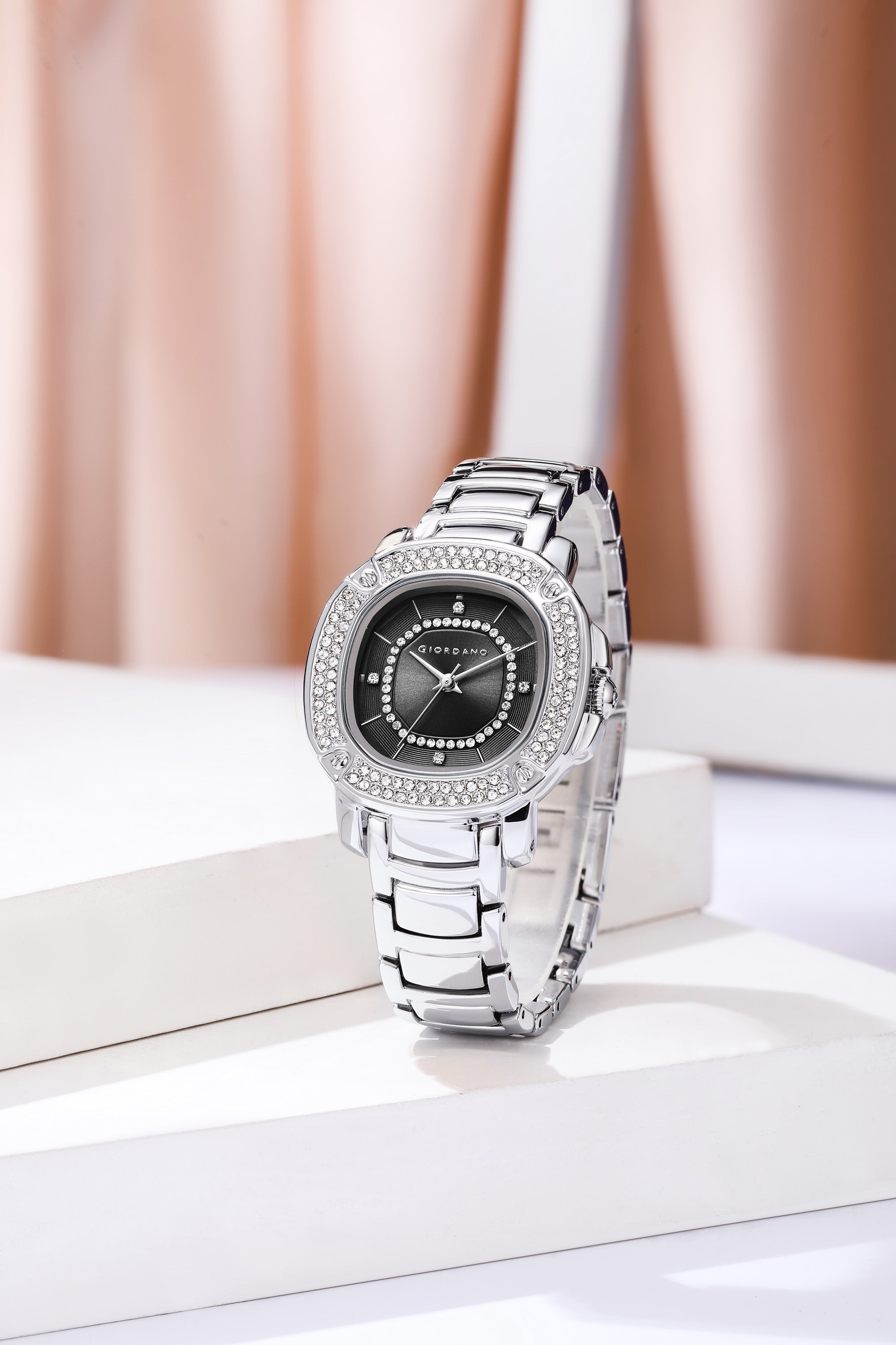 Giordano Analog dress Watch for Women with square dial , Crystal-Accented Bezel and stainless steel strap | GZ-60109-11